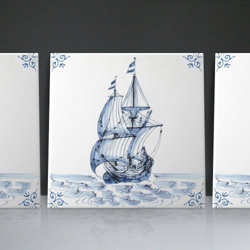 Delft Blue Dutch Style Frigate Schooner Sail Boat  Ceramic Tile