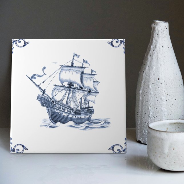 Delft Blue Dutch Style Frigate Schooner Sail Boat  Ceramic Tile (Creator Uploaded)