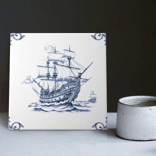Delft Blue Dutch Style Frigate Schooner Sail Boat Ceramic Tile