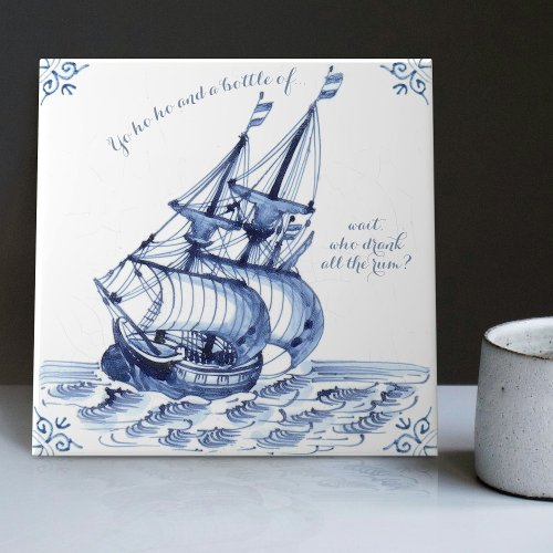 Delft Blue Dutch Style Frigate Schooner Sail Boat  Ceramic Tile