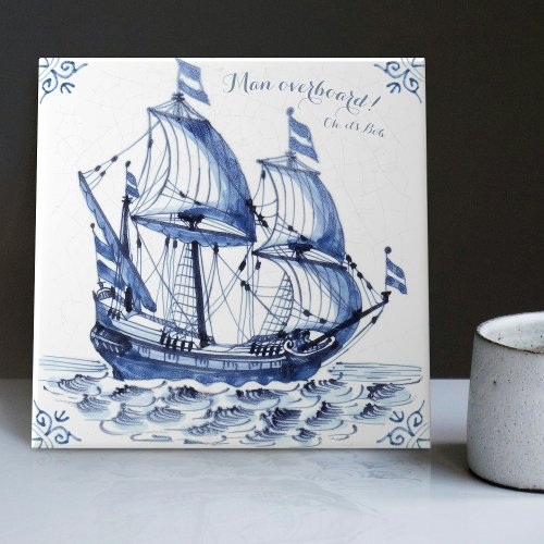 Delft Blue Dutch Style Frigate Schooner Sail Boat  Ceramic Tile