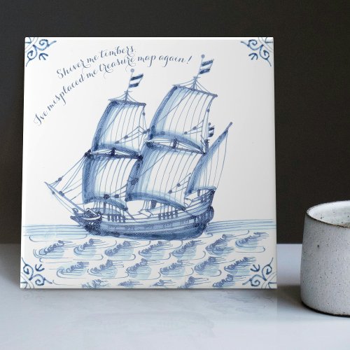 Delft Blue Dutch Style Frigate Schooner Sail Boat  Ceramic Tile