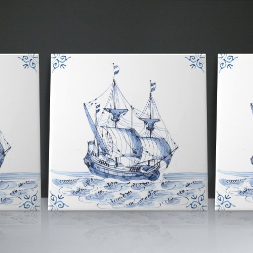 Delft Blue Dutch Style Frigate Schooner Sail Boat  Ceramic Tile