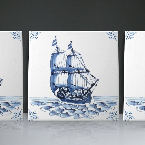 Delft Blue Dutch Style Frigate Schooner Sail Boat  Ceramic Tile