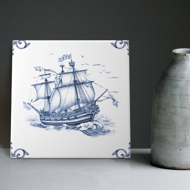 Delft Blue Dutch Style Frigate Schooner Sail Boat  Ceramic Tile (Creator Uploaded)