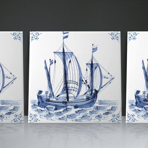 Delft Blue Dutch Style Frigate Schooner Sail Boat  Ceramic Tile