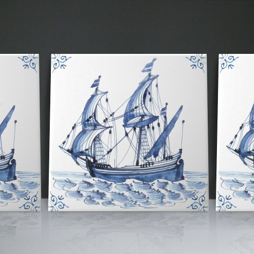 Delft Blue Dutch Style Frigate Schooner Sail Boat  Ceramic Tile