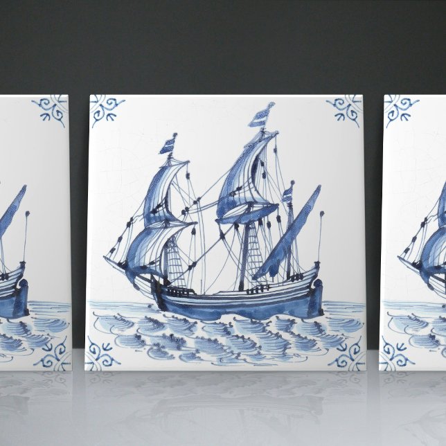 Delft Blue Dutch Style Frigate Schooner Sail Boat  Ceramic Tile (Creator Uploaded)