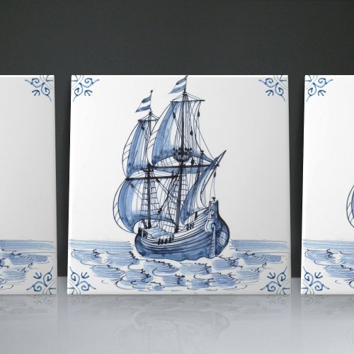 Delft Blue Dutch Style Frigate Schooner Sail Boat  Ceramic Tile