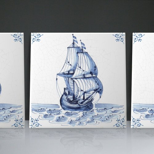 Delft Blue Dutch Style Frigate Schooner Sail Boat  Ceramic Tile