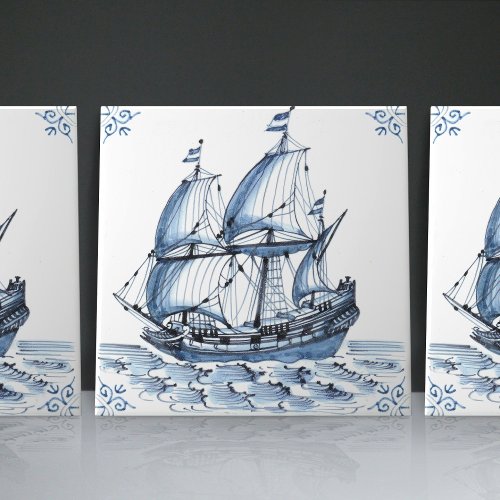 Delft Blue Dutch Style Frigate Schooner Sail Boat  Ceramic Tile