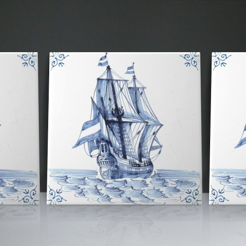 Delft Blue Dutch Style Frigate Schooner Sail Boat  Ceramic Tile