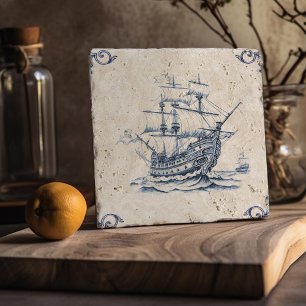 Delft Blue Dutch Style Frigate Schooner Sail Boat Trivet