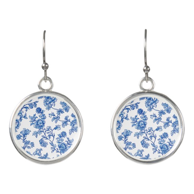 Delft Blue Floral Chinoiserie  Earrings (Front)