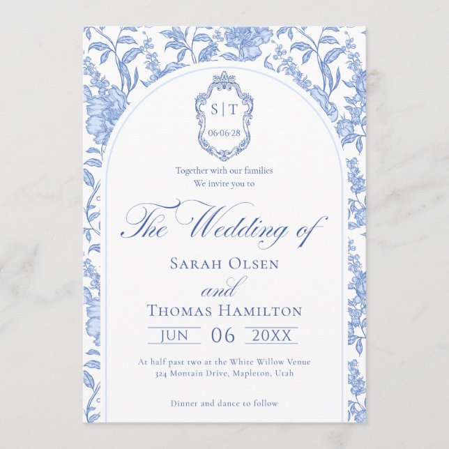 Delft Blue Floral Chinoiserie Monogram Wedding Invitation (Front)
