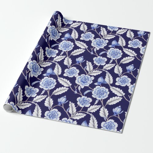 Delft Blue Floral Chinoiserie Porcelain Pattern Wrapping Paper