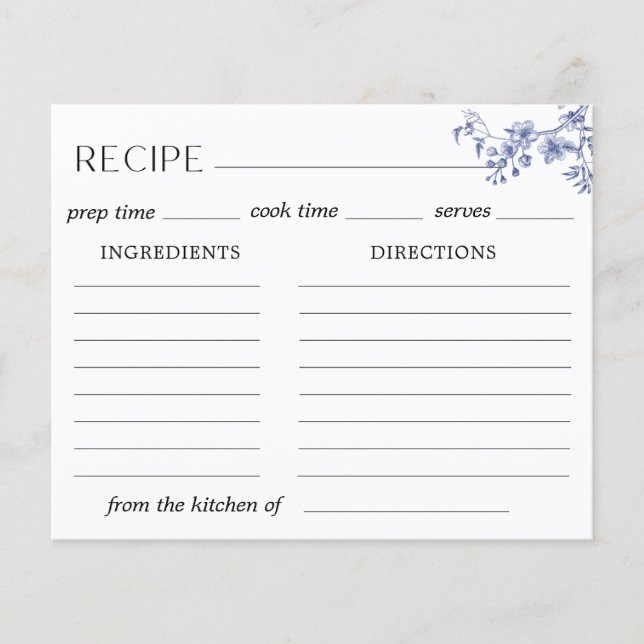 Delft Blue Floral Chinoiserie Recipe Card (Front)