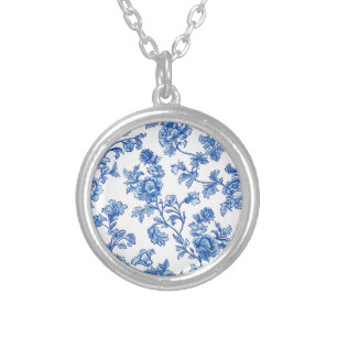 Delft Blue Floral Chinoiserie  Silver Plated Necklace
