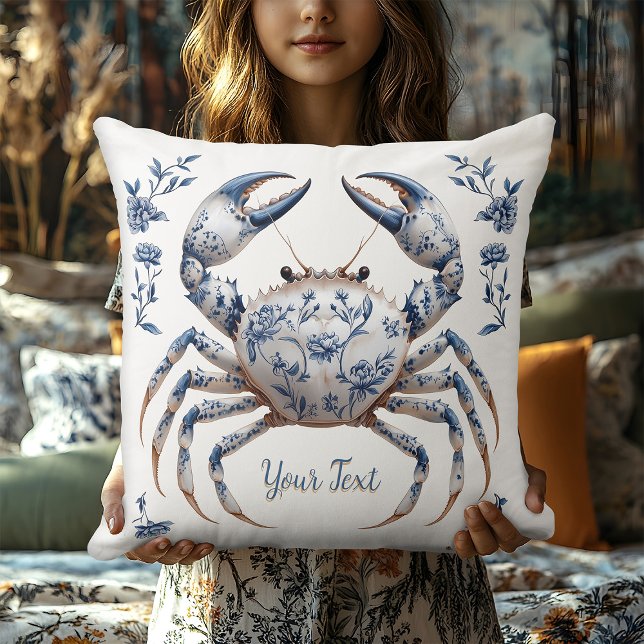 Delft Blue Floral Crab Coastal Rustic Beach House Throw Pillow (Creator Uploaded)
