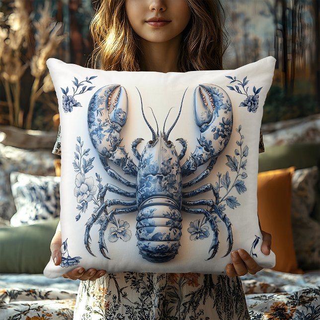 Delft Blue Floral Crab Coastal Rustic Beach House Throw Pillow (Creator Uploaded)
