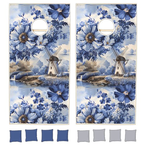 Delft Blue Floral Watercolor Dutch Wedding Cornhole Set