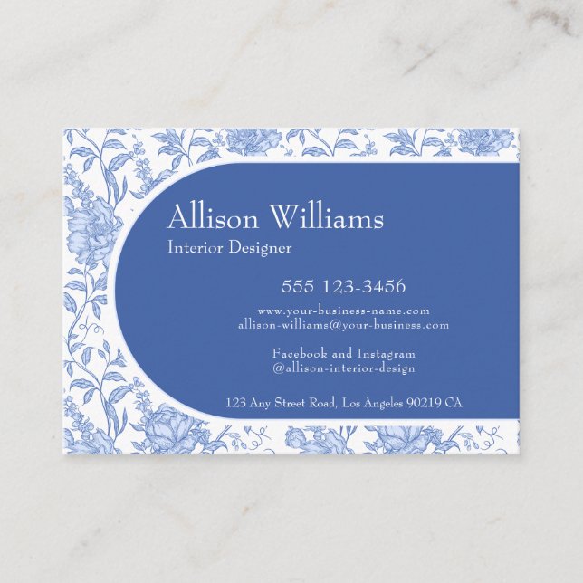Delft Blue French Floral Chinoiserie Calling Card (Front)