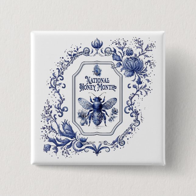 Delft Blue Honey Bee & Flowers Button (Front)