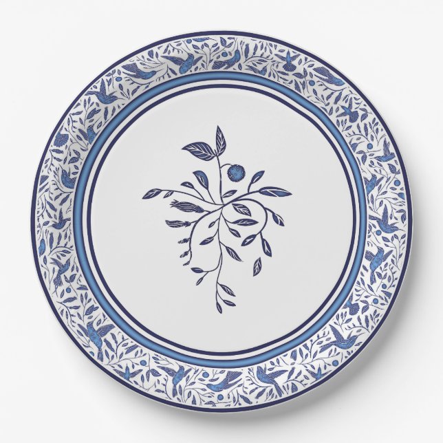 Delft Blue Humming Birds will Impress Your Guests Paper Plates (Front)