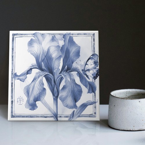 Delft Blue Iris Wall Decor Art Nouveau Watercolor Ceramic Tile