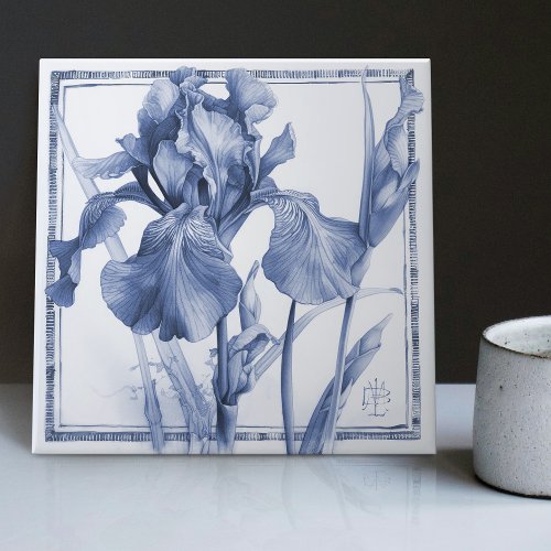 Delft Blue Iris Wall Decor Art Nouveau Watercolor Ceramic Tile