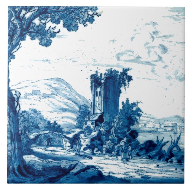 Delft Blue Landscape & Figures Antique Print Ceramic Tile (Front)