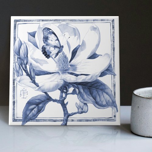 Delft Blue Magnolia Decor Art Nouveau Watercolor Ceramic Tile