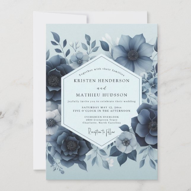 Delft Blue Moody Floral Wedding Invitation (Front)
