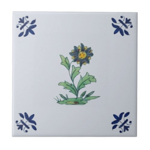 Delft Blue Multi Floral Repro Hand Painted         Ceramic Tile