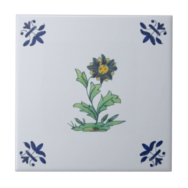 Delft Blue Multi Floral Repro Hand Painted         Ceramic Tile (Front)