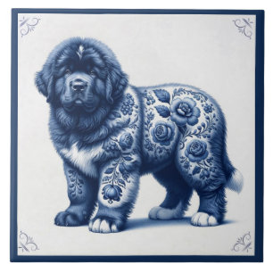 Delft Blue Newfoundland Puppy Ceramic Tile