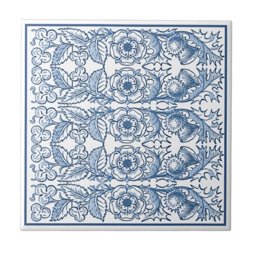 Delft Blue Ornamental Floral Art Nouveau Pattern Ceramic Tile