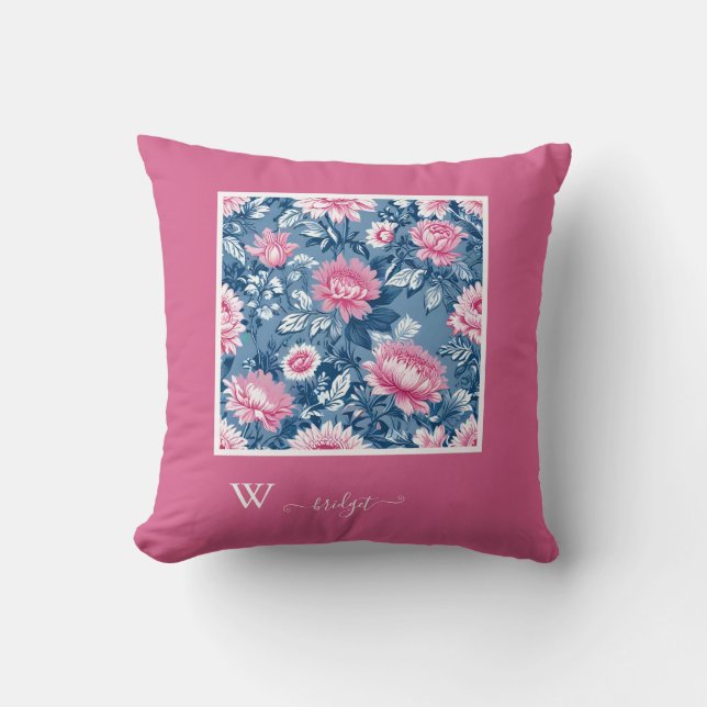 delft blue & pink French Toile Hampton Style Throw Pillow (Front)