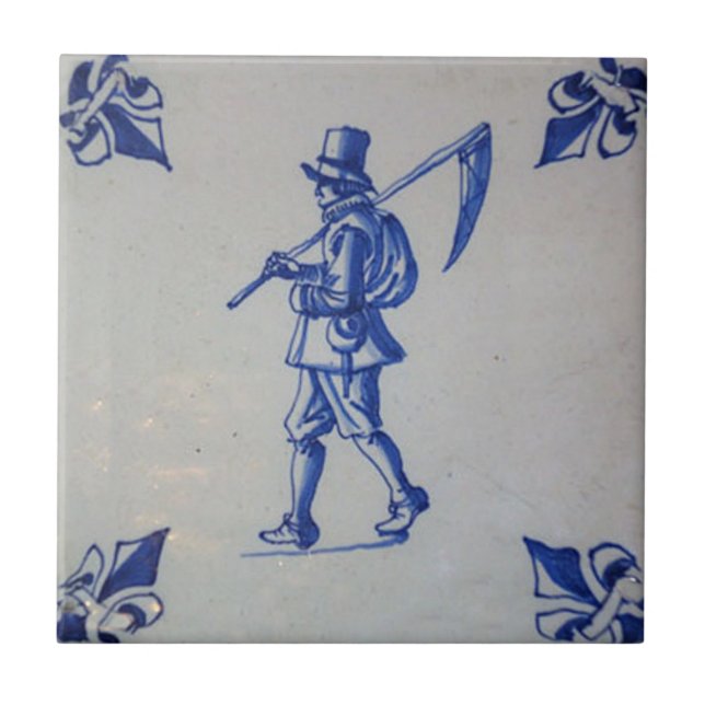 Delft Blue Tile - Mower Carrying Scythe or Sickle (Front)