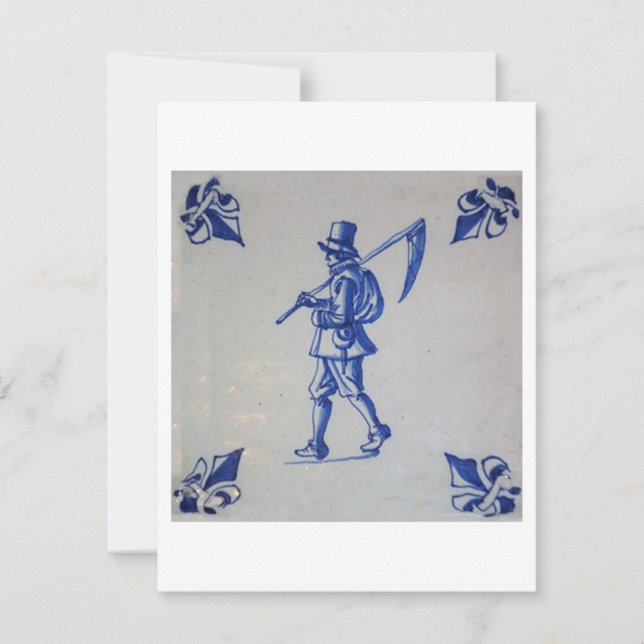 Delft Blue Tile - Mower Carrying Scythe or Sickle Invitation (Front)