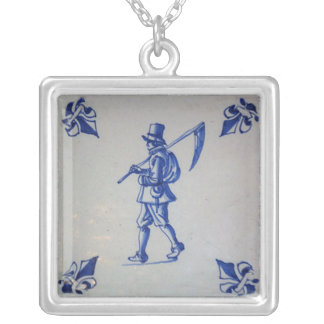 Delft Blue Tile - Mower Carrying Scythe or Sickle Silver Plated Necklace