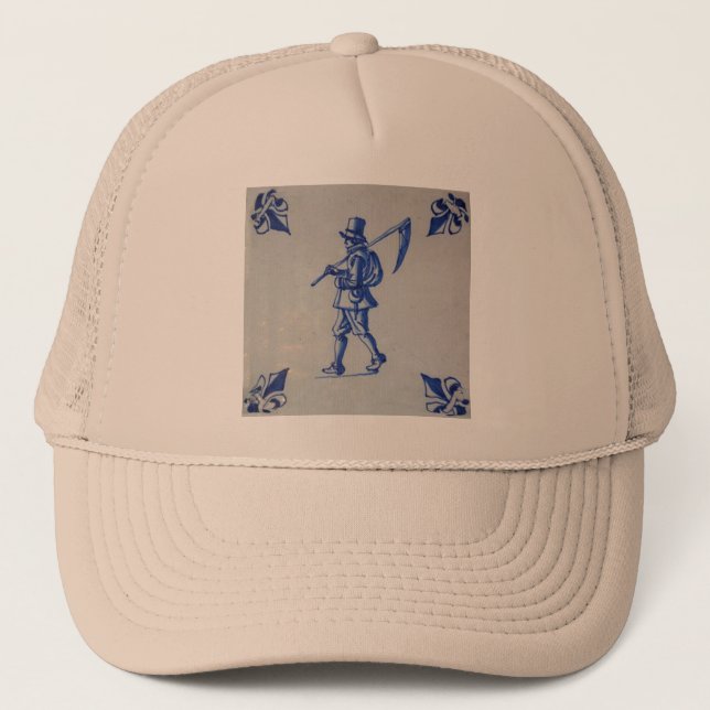 Delft Blue Tile - Mower Carrying Scythe or Sickle Trucker Hat (Front)