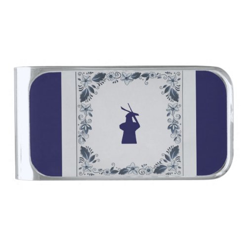 Delft blue tile windmill de Roos in Delft Silver Finish Money Clip