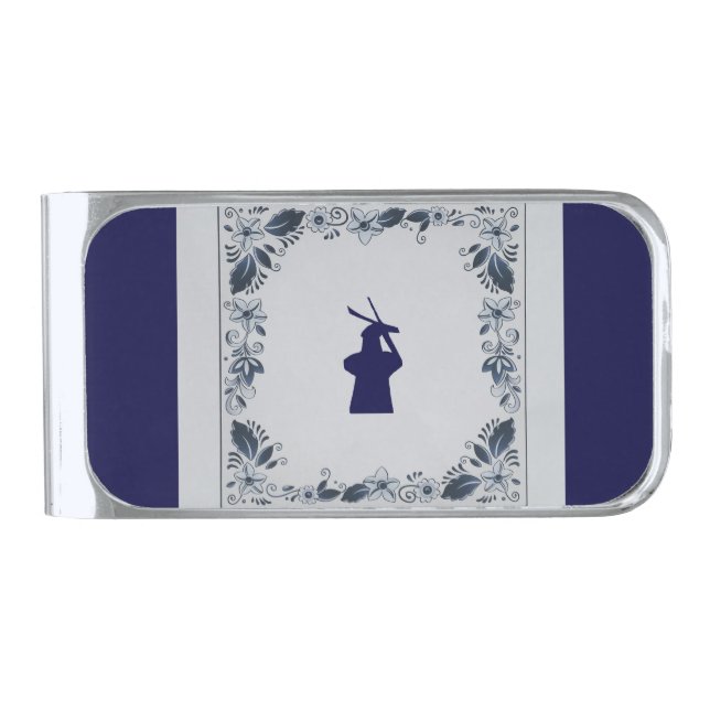 Delft blue tile windmill 'de Roos' in Delft Silver Finish Money Clip (Front)