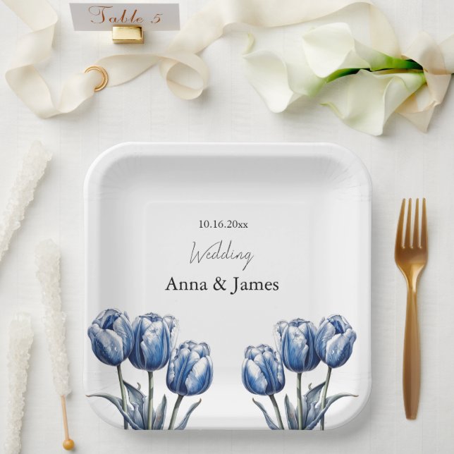 Delft Blue Tulip, custom Paper Plates (Wedding)