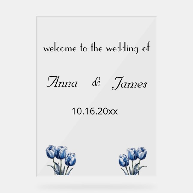 Delft Blue Tulip Wedding Program Acrylic Sign (Front)