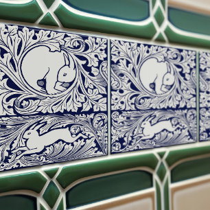 Delft Blue Victorian Hares Arts Crafts Movement Ceramic Tile