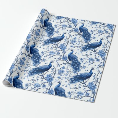 Delft Blue Vintage Blue Chinoiserie Peacock Wrapping Paper