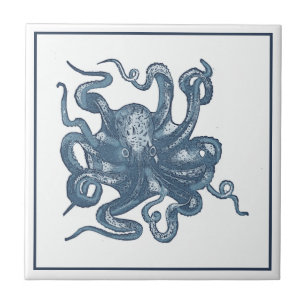 Delft Blue Vintage Steampunk Octopus or Devilfish Ceramic Tile