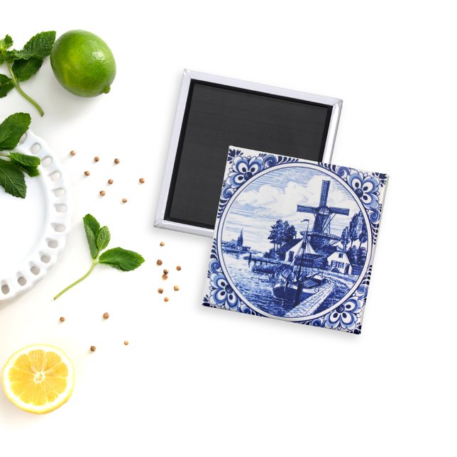 Delft Blue Vintage Windmill and Boat Painting Magnet (Creator Uploaded)